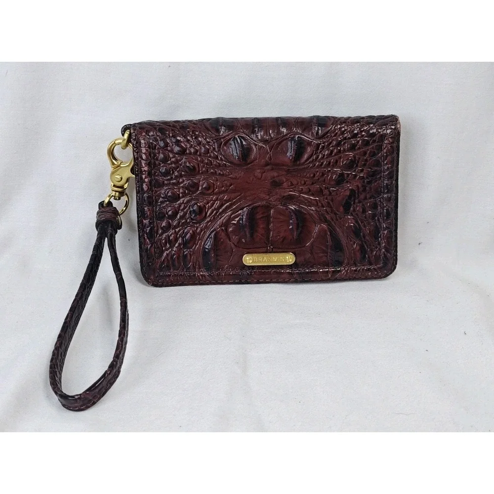 Brahmin Melbourne Pecan Crocodile Embossed Leather Bifold Wristlet Wallet Snap